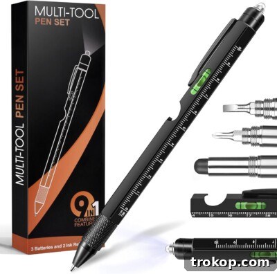 9-in-1 Multitool Pen with screwdriver, LED light, stylus, gifts under $10