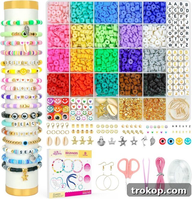 Bracelet Making Kit with clay beads and charms, creative gifts under $10 for kids