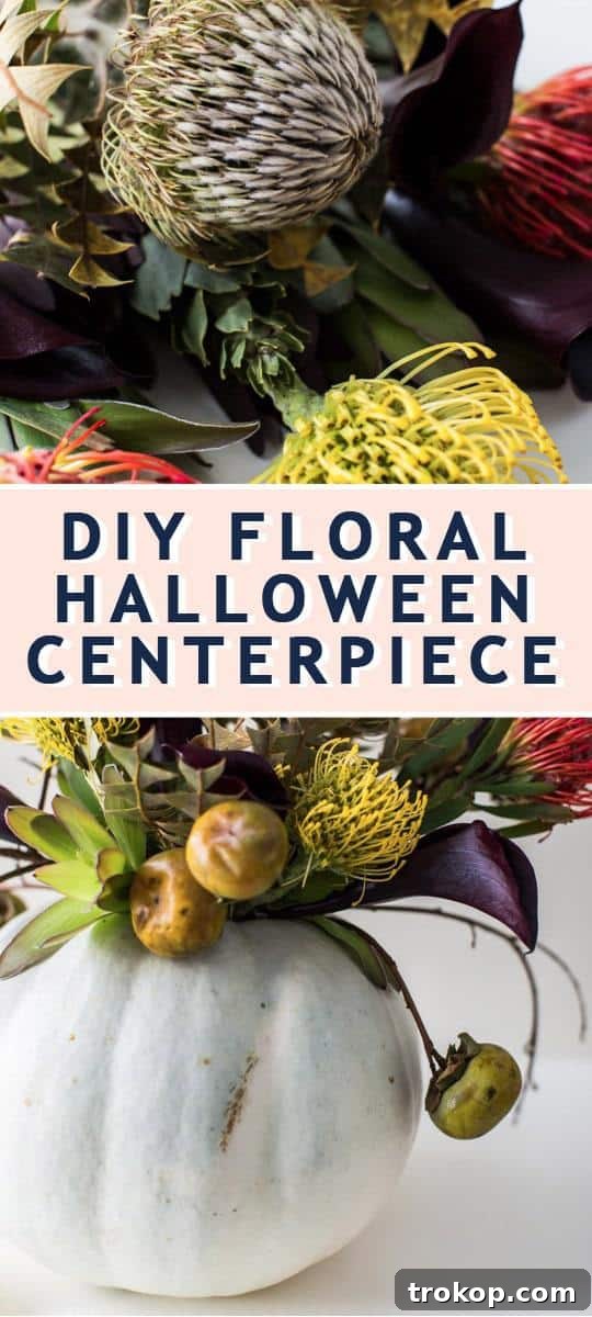 Haunted Harvest Floral Centerpiece 9 Overhead photo of a completed DIY Floral Halloween Centerpiece by a lifestyle blogger