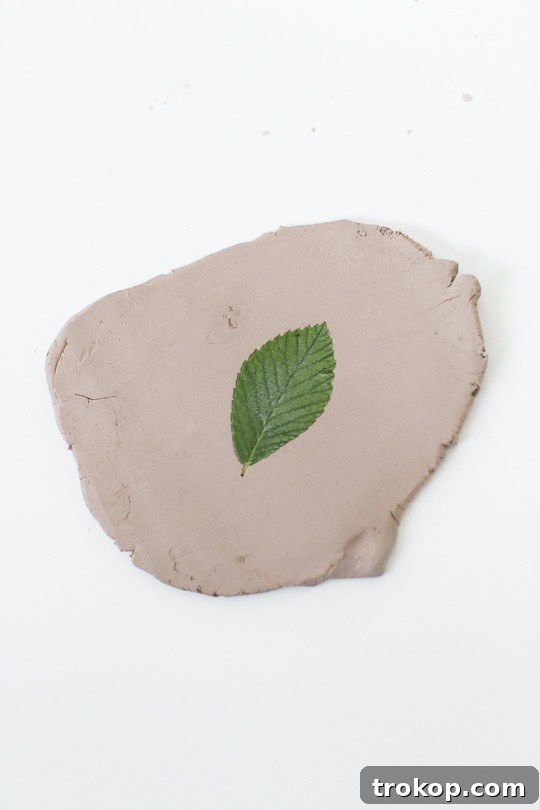 Rolling pin pressing a fresh leaf into air-dry clay to create an imprint
