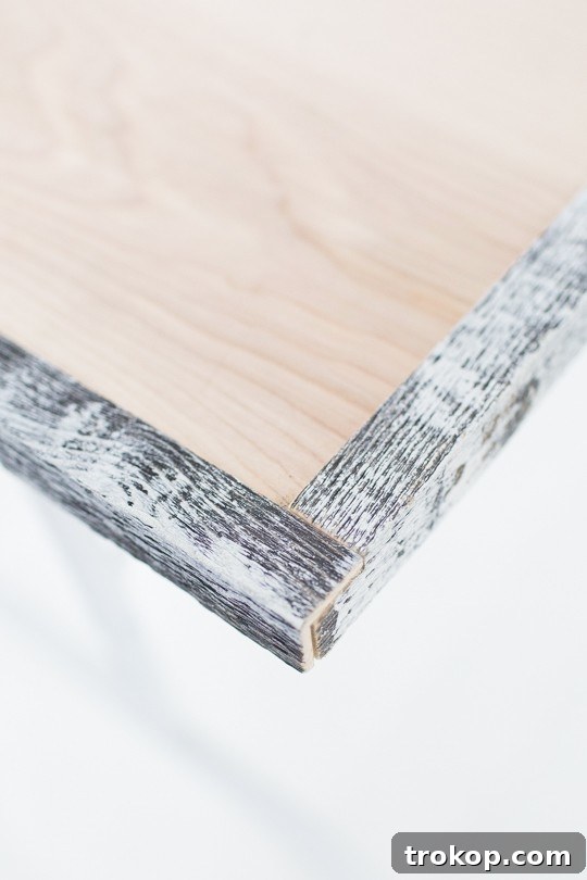 Upcycled Wood Foldaway Table Build 8 Cutting and fitting Stikwood trim for a sleek, modern table edge design