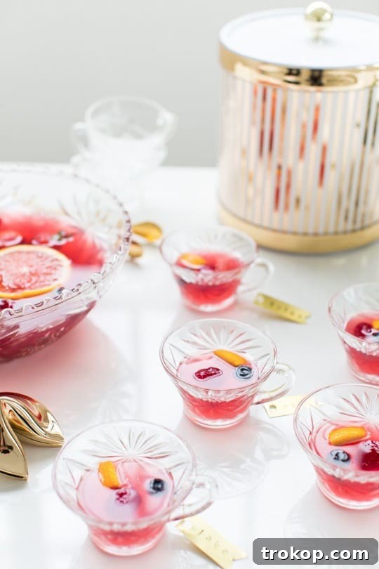 Berry Punch Perfection DIY Brass Drink Markers 3 Close-up of a sparkling glass of Mixed Berry Punch, showcasing the vibrant colors and fresh fruit garnishes, with a brass drink tag clipped to the rim.