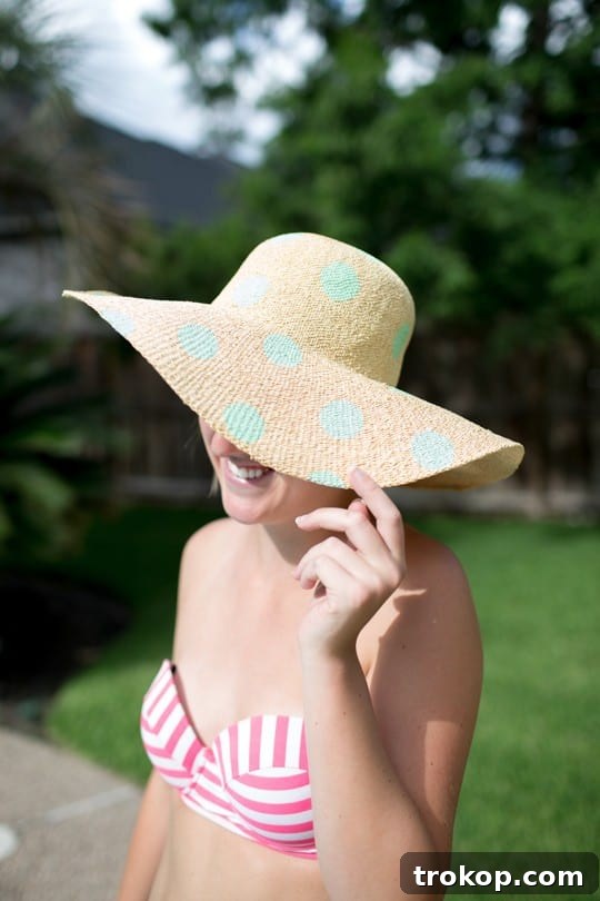 Caitlin, Jared's sister and our resident bathing suit model, showcasing a DIY floppy hat