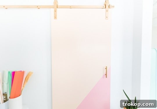 Finished color block barn door with golden hardware and handle, fully installed.