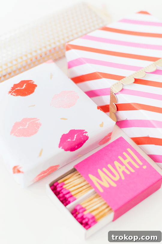Pucker Up DIY Gift Wrap 11 A beautifully wrapped gift box in the DIY lip patterned paper, accented with a simple ribbon.