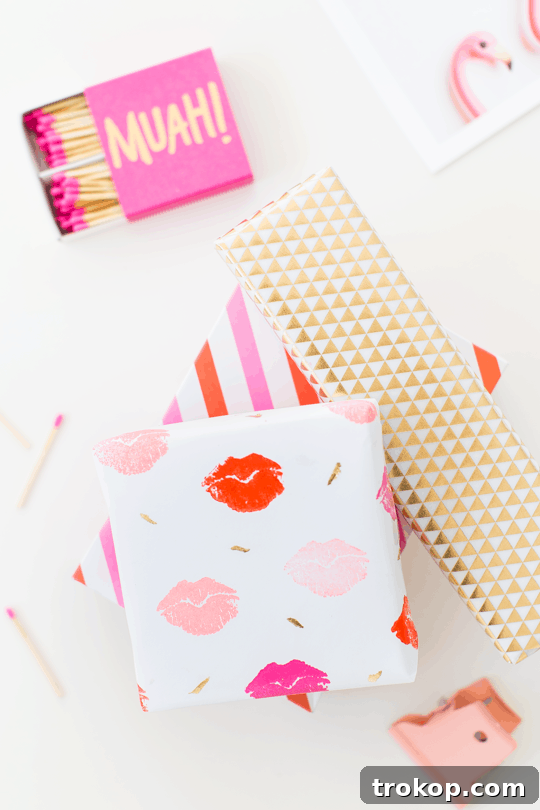 Pucker Up DIY Gift Wrap 12 Another perspective of the finished DIY lip patterned gift wrap, showcasing its unique and personal charm.