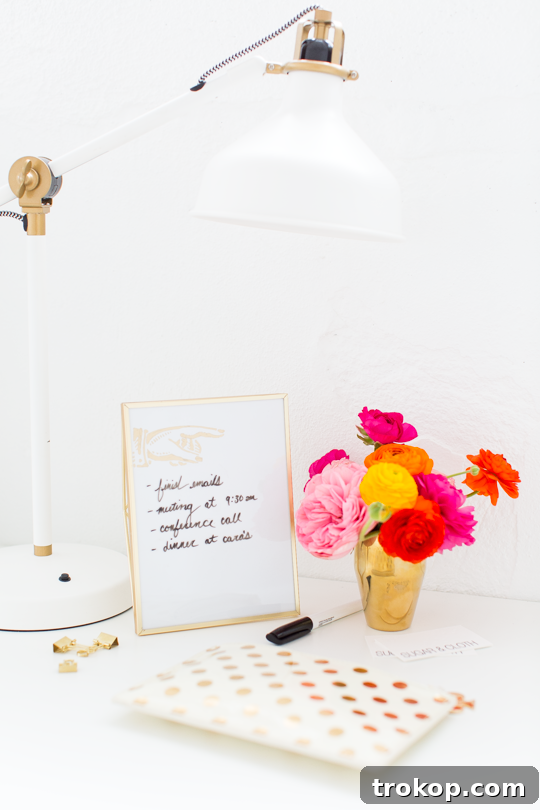Craft Your Own Erasable Canvas 2 A beautifully customized DIY Desktop Dry Erase Board made from a picture frame, perfect for home office organization.
