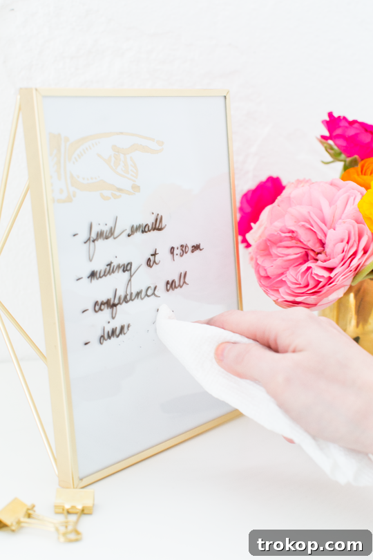 Craft Your Own Erasable Canvas 9 A stylish, organized desk featuring the DIY Desktop Dry Erase Board and a matching hexagonal pencil holder.