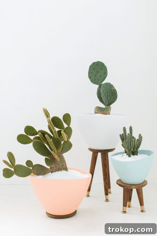 Chic DIY Mid-Century Plant Stands 5 DIY Mid Century Planters step-by-step. All materials needed for an easy, budget-friendly plant stand project.