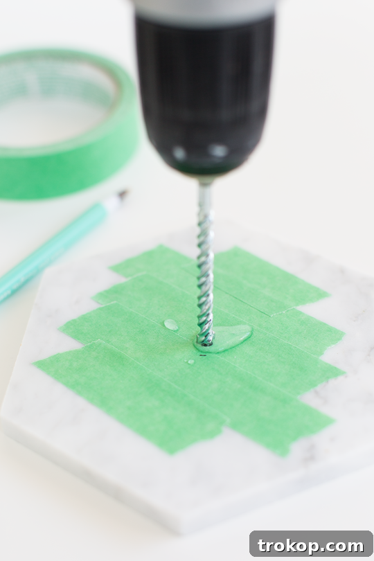 Handcrafted Marble Tabletop Timepiece 6 Drilling a hole into marble tile for clock mechanism