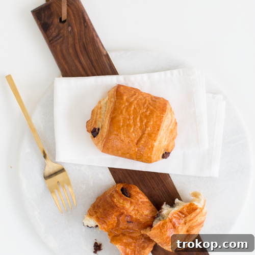 A two-ingredient chocolate croissant, golden and flaky, on a white background.