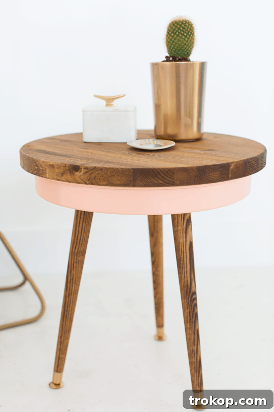 All materials and tools laid out for the DIY Mid Century Modern Side Table project.