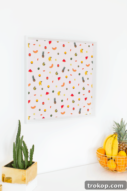 Vibrant DIY printable fruit wall art adorning a modern home interior.
