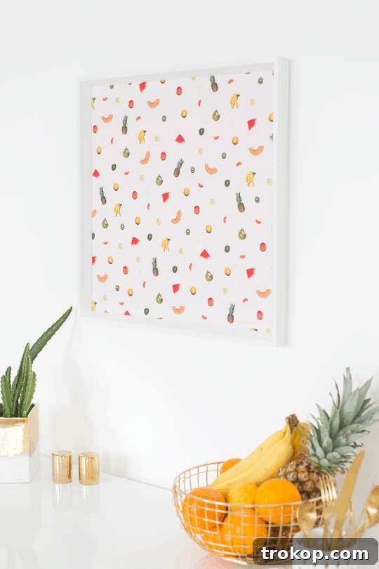 A close-up of colorful DIY printable fruit wall art, showcasing a playful design.