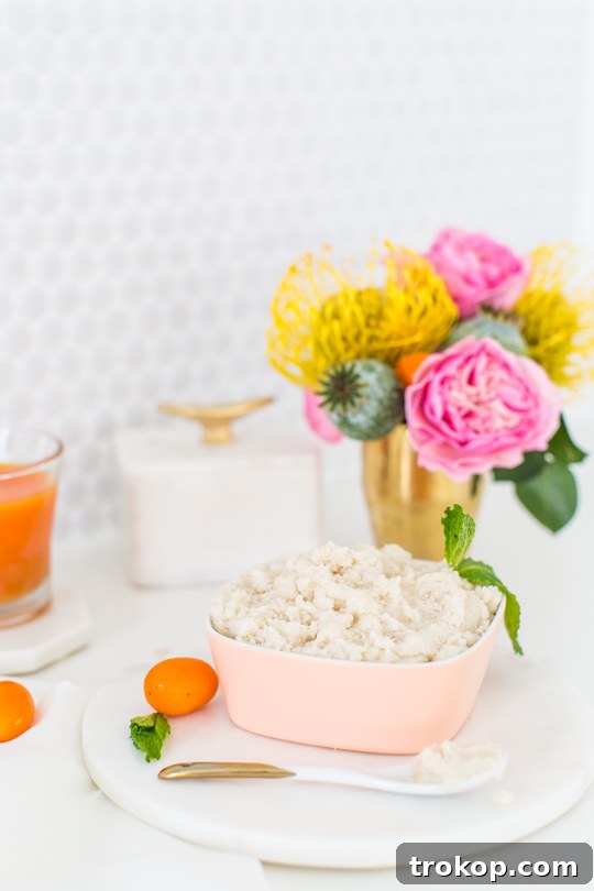 Invigorating Vanilla Orange Mint Body Polish 9 Vanilla orange mint sugar scrub in an open jar