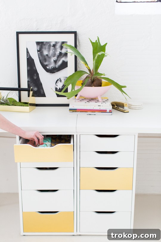 Faux Brass Drawer Facelift 8 Ikea Desk Hack with Stylish Faux Brass Drawer Fronts