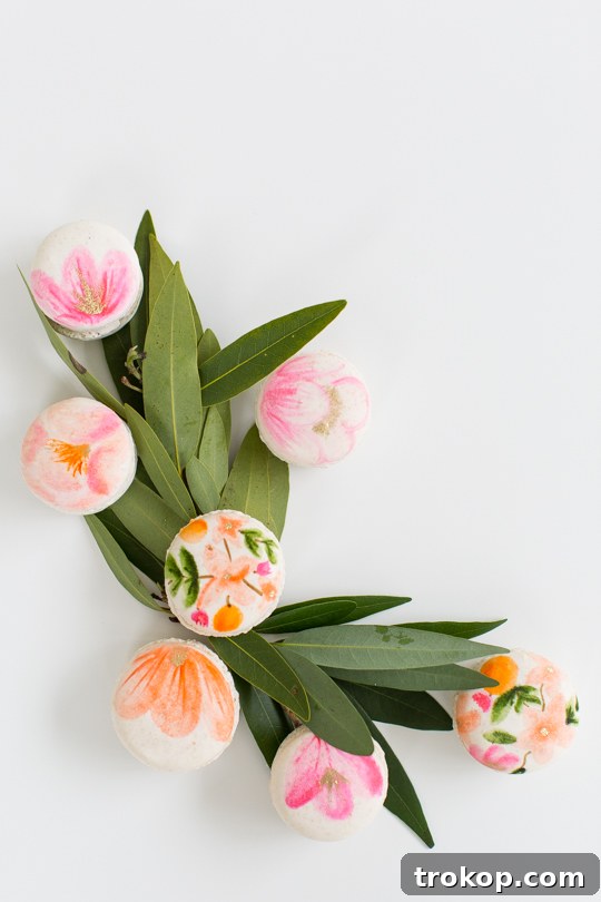 Blossom Bites: Crafting Hand-Painted Floral Macarons 2 Beautifully arranged floral macarons on a white dish, showcasing delicate hand-painted designs.