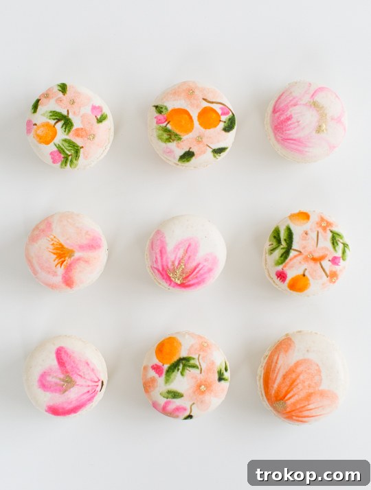 Blossom Bites: Crafting Hand-Painted Floral Macarons 11 A variety of floral macaron designs displayed elegantly on a white surface.