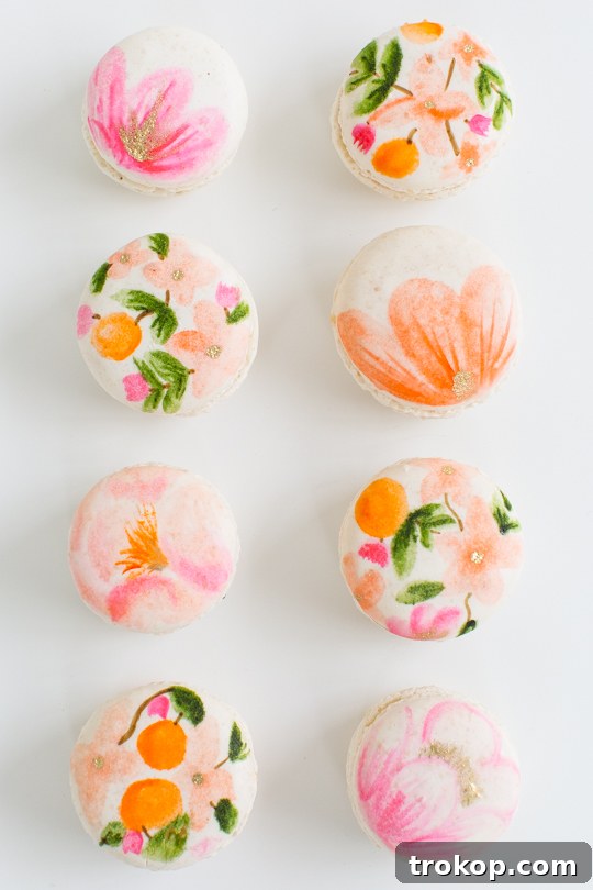 Blossom Bites: Crafting Hand-Painted Floral Macarons 3 Close-up of a DIY floral macaron, highlighting the intricate details of the edible flower design.