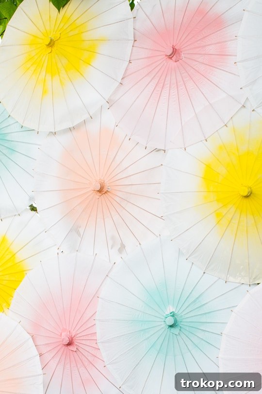 Colorful Spray-Painted Paper Parasols Decorating a Fence at an Outdoor Event