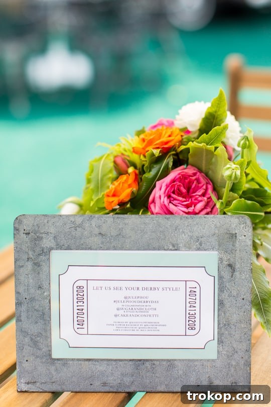 Derby Ticket Themed Table Centerpiece with Event Hashtag and Social Media Info