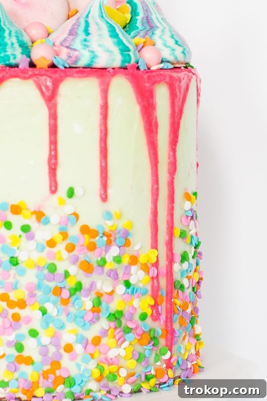 A stunning slice of the strawberry unicorn cake, revealing its colorful layers and smooth frosting, ready to be enjoyed.