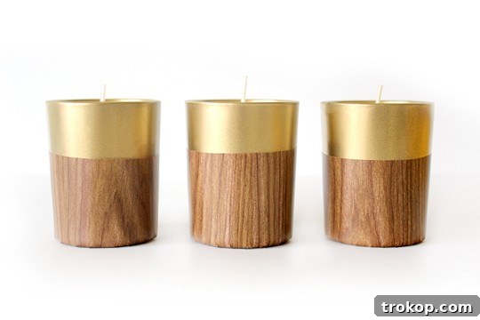 DIY Faux Wood Candle Stand with Retro Flair 7 Applying faux wood adhesive to candle holder