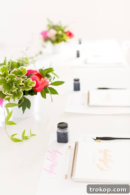 Beautiful Setup at the Houston Calligraphy Workshop by Sugar & Cloth