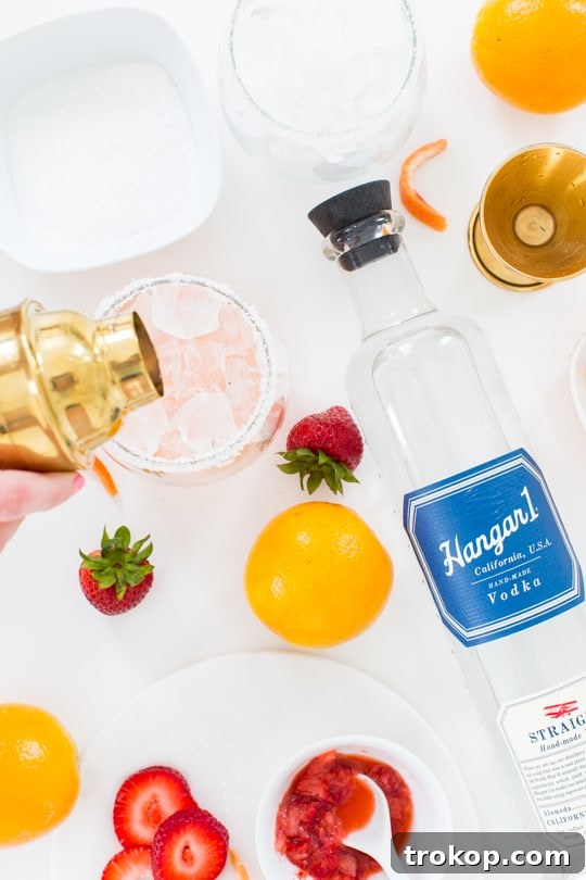 A freshly made Strawberry Grapefruit Salty Dog cocktail, ready to be served.