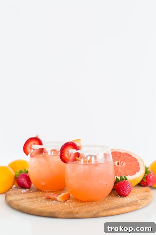 Three Strawberry Grapefruit Salty Dog cocktails, garnished and ready to serve.