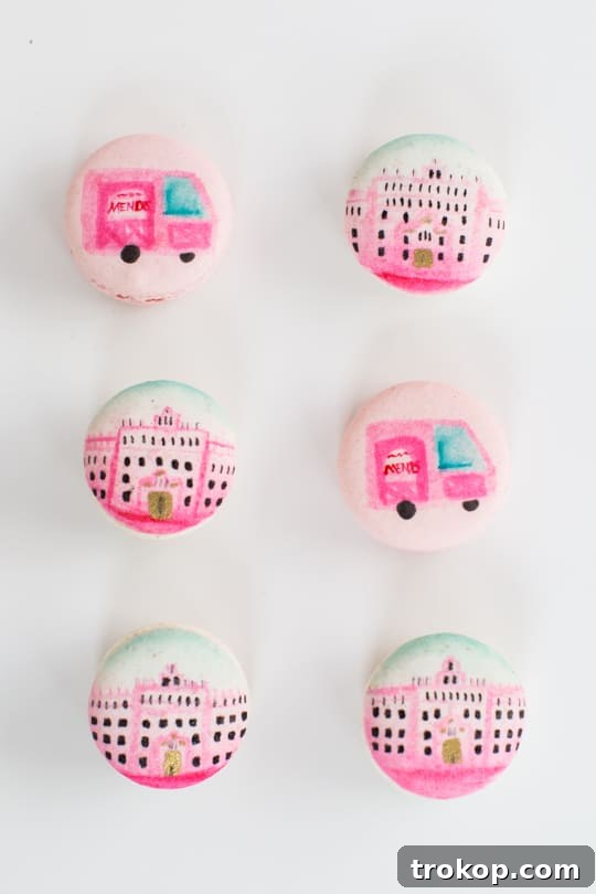 Custom Grand Budapest Hotel themed macarons with Mendl's truck design