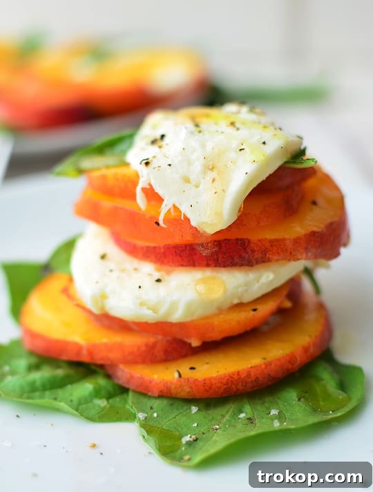 Caprese's Peachy Summer Twist 4 Fresh ingredients for Peach Caprese Salad: sliced peaches, mozzarella, and basil