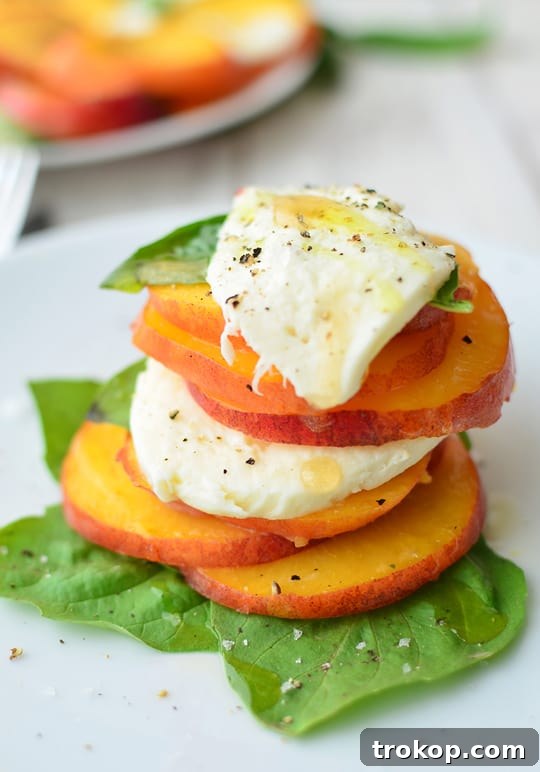 Caprese's Peachy Summer Twist 6 Individual serving of Peach Caprese Salad in elegant stacks