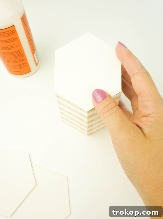 Geometric Desk Organizer Craft 11 Gluing together the hexagonal wooden cups for the organizer