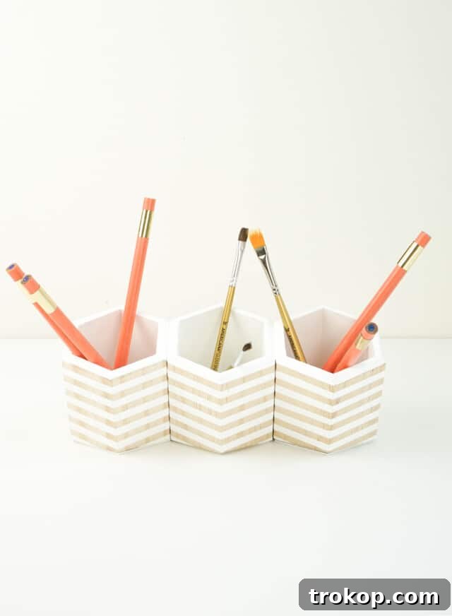 Geometric Desk Organizer Craft 13 Hexagon DIY Pen Holder filled with colorful pens and pencils