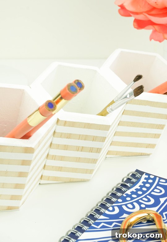Geometric Desk Organizer Craft 3 Close-up of a hexagonal DIY desktop organizer filled with pens