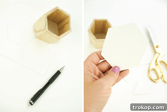 Geometric Desk Organizer Craft 10 Tracing and cutting card stock hexagons for cup bases