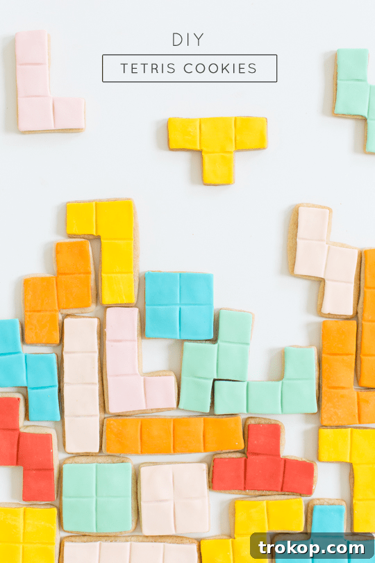 Pixel Perfect Tetris Bites 11 Header image for DIY Tetris Cookies article showing an assembled block of cookies
