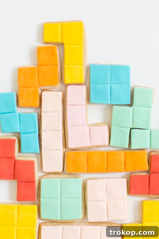Pixel Perfect Tetris Bites 10 Several finished Tetris cookies stacked, ready for display or packaging