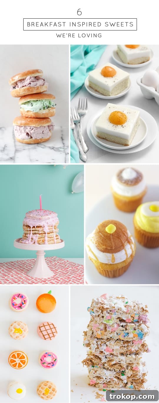 A vibrant collection of six breakfast-inspired desserts, including colorful macarons, pancake stacks, donuts, and creative cupcakes, perfect for celebrations and sweet brunches.