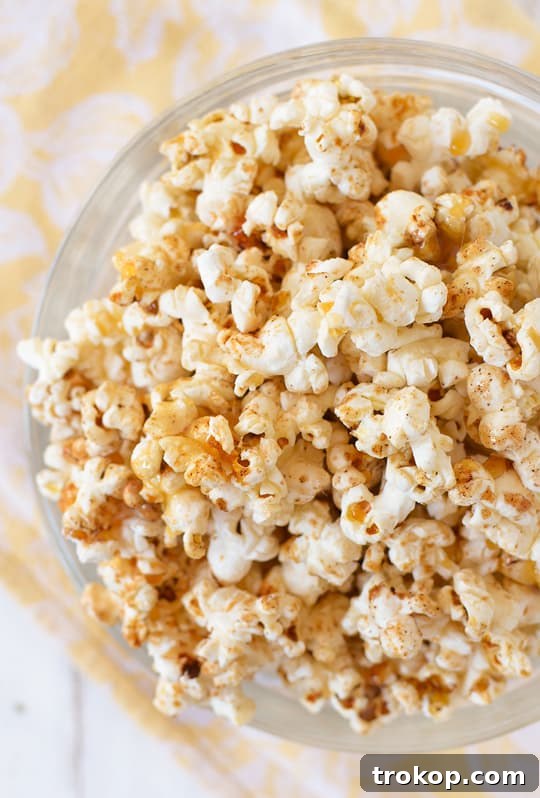 Close-up of freshly made Pumpkin Pie Kettle Corn, showing its sweet and savory coating.