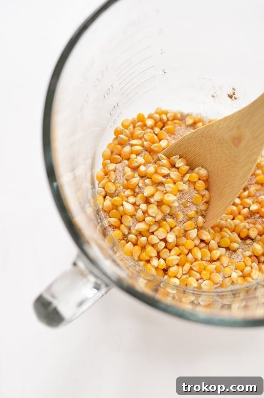 A bowl of Pumpkin Pie Kettle Corn, garnished with a small pumpkin ornament, symbolizing autumn.
