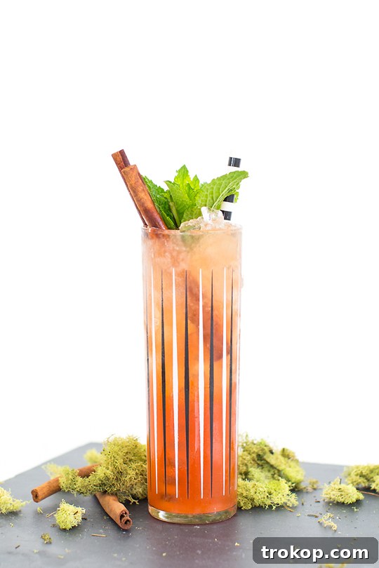 A single cocktail glass, likely a Zombie, resting on a rustic slate board.