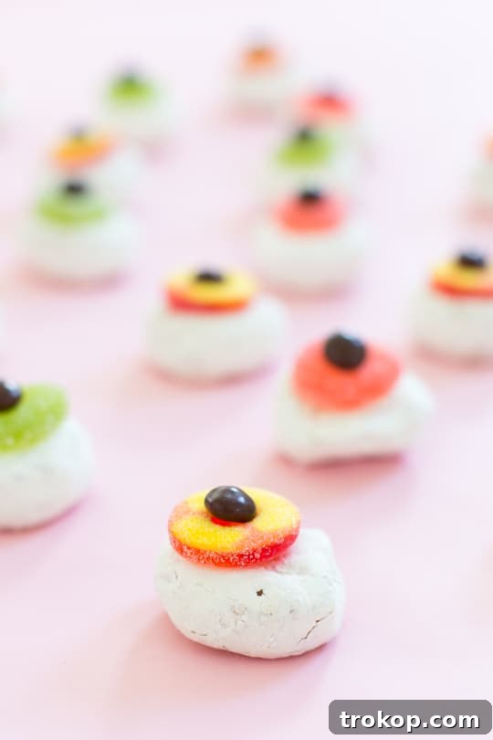 Halloween Eyeball Donuts made with mini powdered donuts and gummy rings