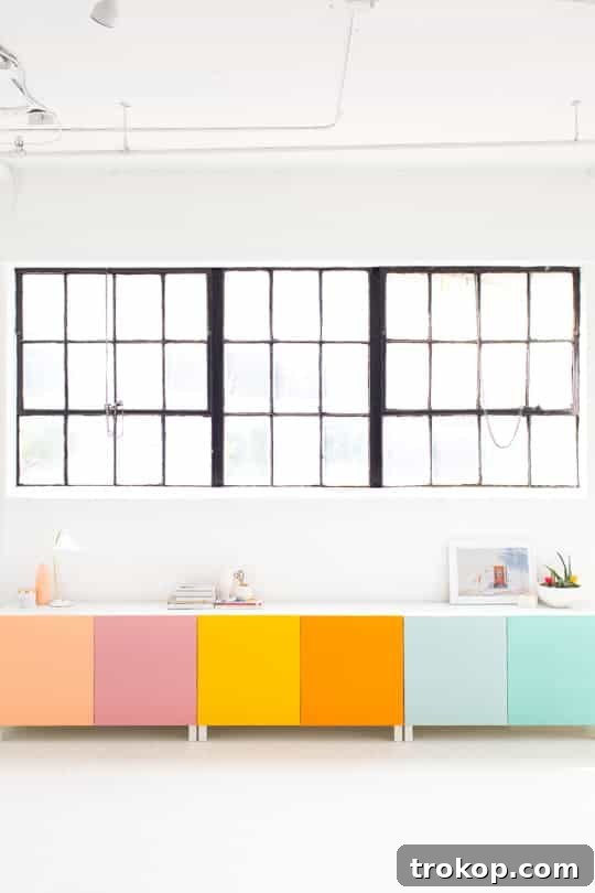 Vibrant DIY Color Block Storage made from IKEA Besta cabinets, perfect for organizing and decorating a modern space.