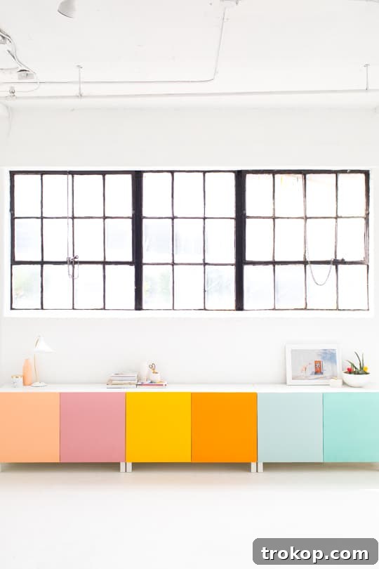 The finished DIY color block storage integrated into a stylish studio, featuring decorative accents and a task lamp.