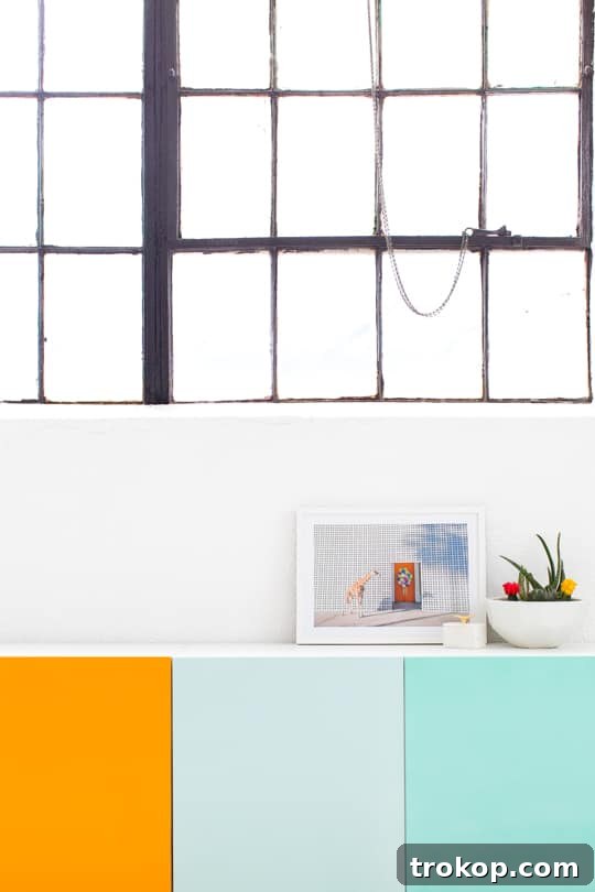 Close-up of the DIY Besta storage showing the seamless spray paint finish on the color block doors.
