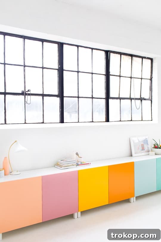 Detailed shot of the DIY color blocked Besta cabinet doors, highlighting the distinct color transitions.