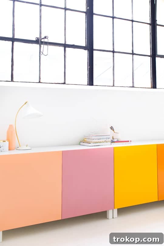 A person carefully spray painting an IKEA Besta door in a vibrant color, demonstrating precise application.