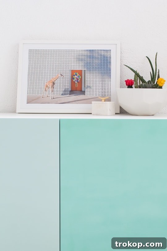 Another view of the completed DIY color block storage, demonstrating its functional appeal in a well-lit studio setting.